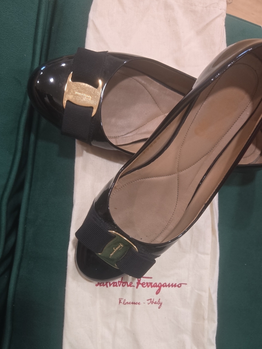 Salvatore Ferragamo Black Patent Vara Bow Flats with Gold Accent